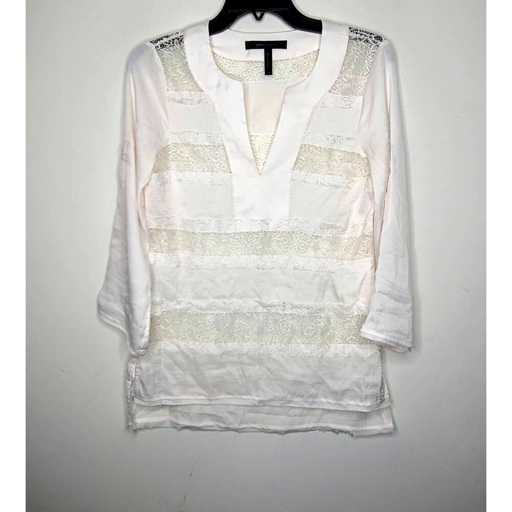 BCBG Maxazria ivory lace striped long sleeve tunic shirt - xs